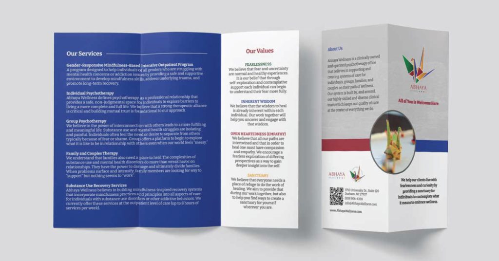 Trifold brochure for Abhaya Wellness, a psychotherapy practice in Durham, NC, detailing their services, core values, and contact information.