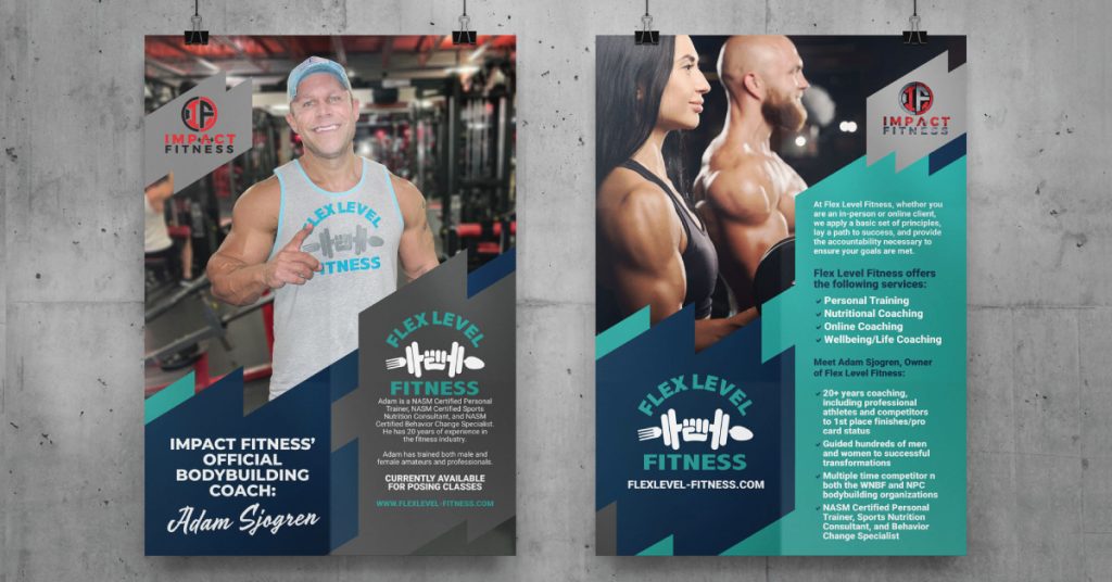 Two-sided promotional poster for Flex Level Fitness featuring Impact Fitness' official bodybuilding coach Adam Sjogren, with credentials and services including personal training, nutritional coaching, and online coaching.