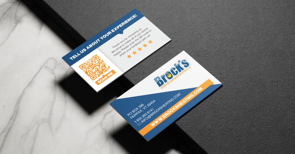 Front and back of a business card for Brock's Heating, Air Conditioning & Gas Services in Fairfax, Vermont, with contact information on the front and a QR code review request on the back.