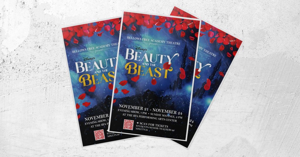 Event poster for Bellows Free Academy Theatre's production of Disney's Beauty and the Beast, running November 21–24 at the BFA Performing Arts Center.