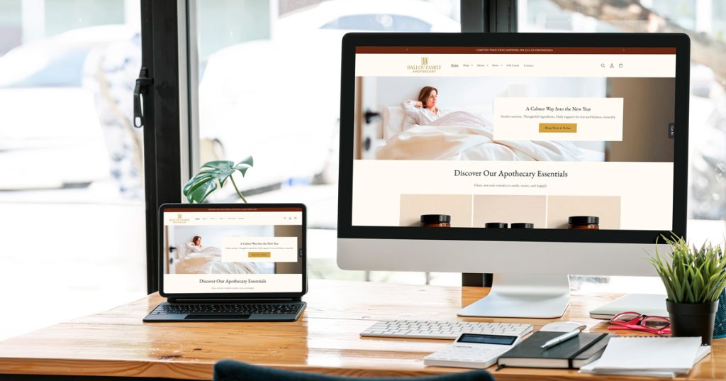 Ballou Family Apothecary Website on two monitors
