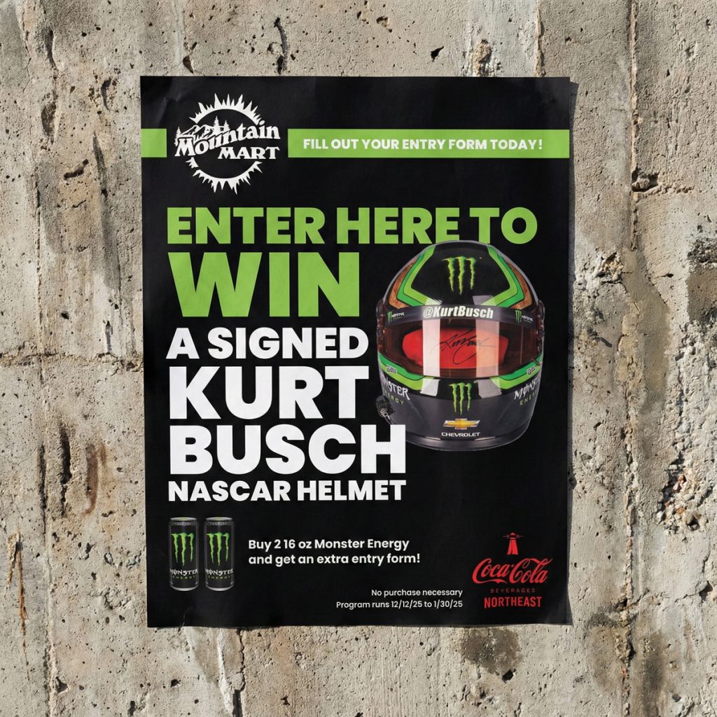 Mountain Mart promotional poster for a sweepstakes to win a signed Kurt Busch NASCAR helmet, sponsored by Monster Energy and Coca-Cola Beverages Northeast.