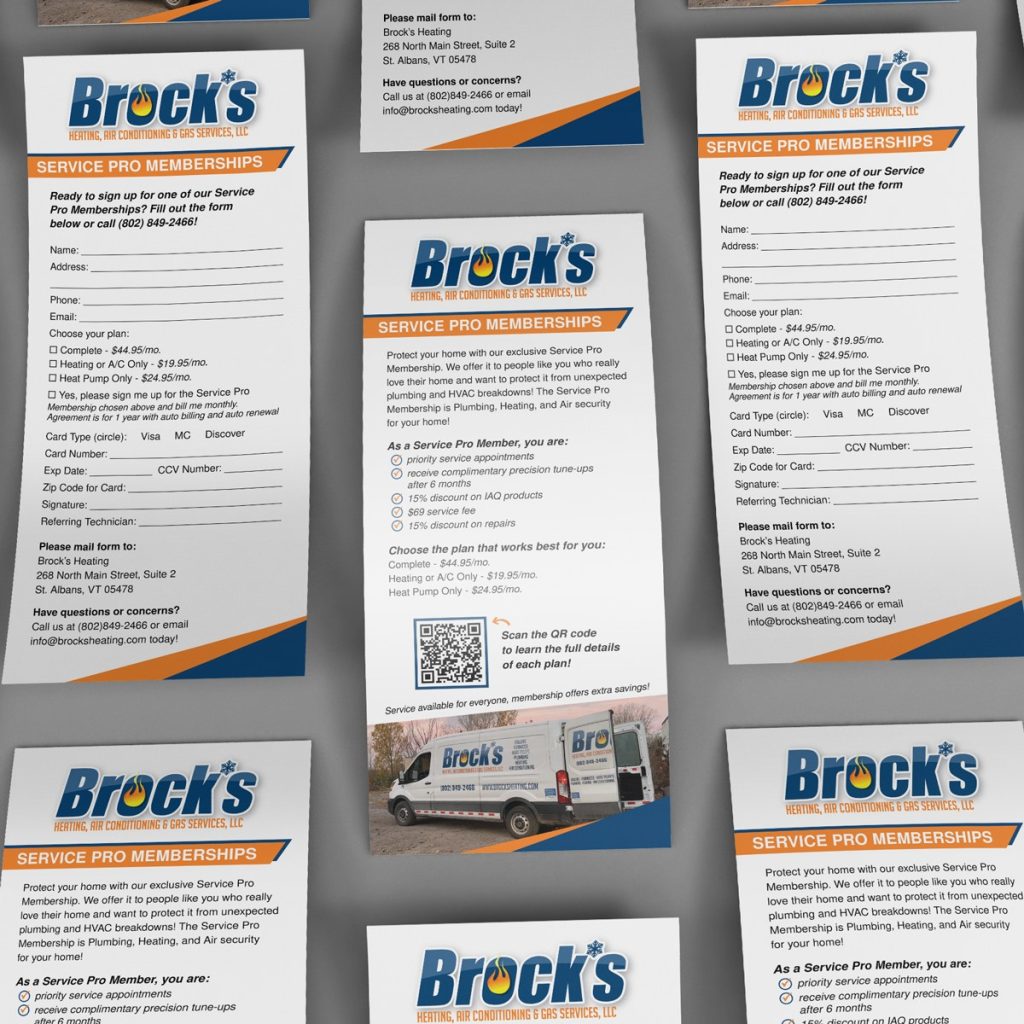 Print collateral mockup for Brock's Heating, Air Conditioning & Gas Services, showing front and back of a Service Pro Memberships mailer with plan options and a sign-up form.