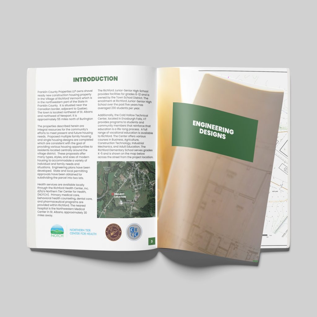 Open booklet showing an introduction page for a Franklin County Properties housing development in Richford, Vermont, alongside an Engineering Designs section with site plan drawings.