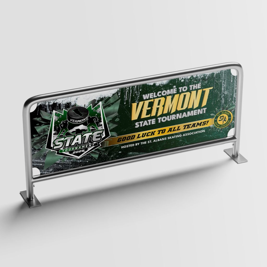 Hockey rink dasher board banner mockup for the 2026 Vermont State Tournament, hosted by the St. Albans Skating Association, in green and gold.
