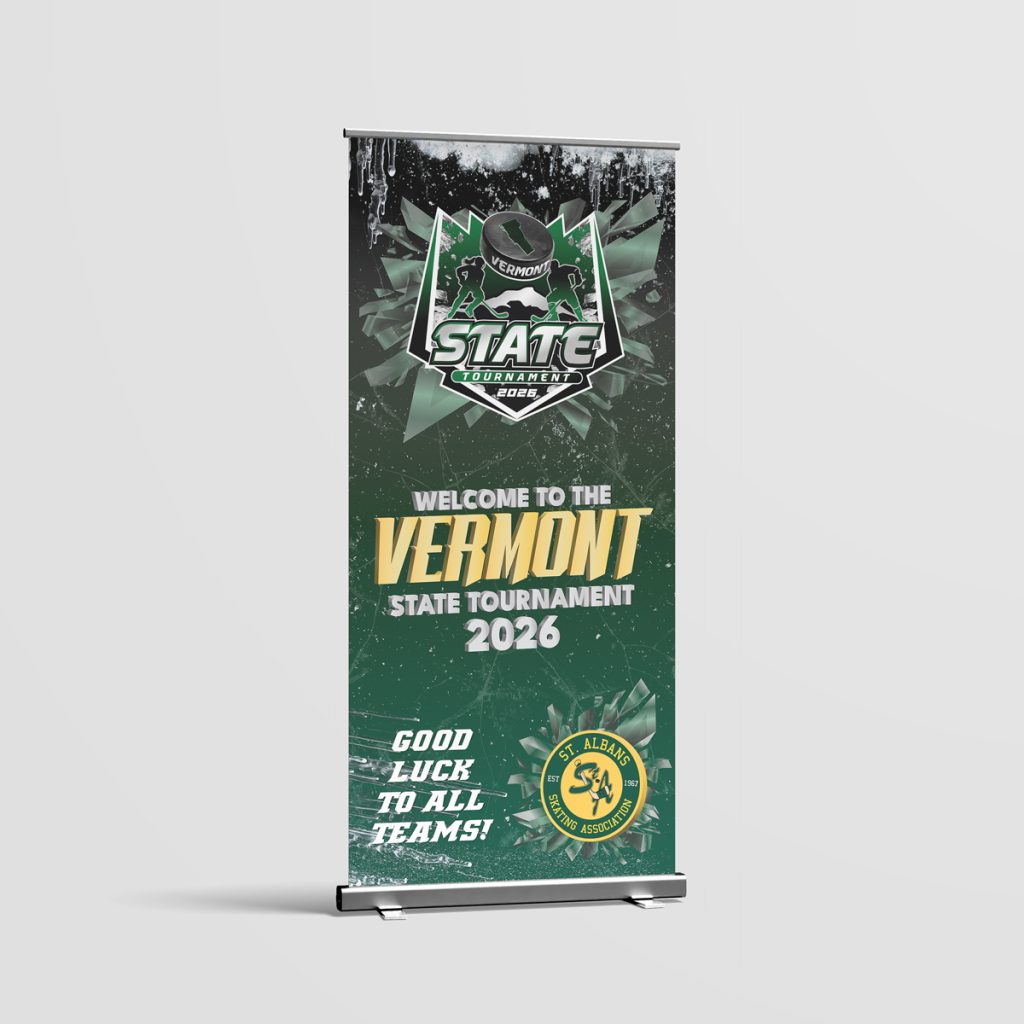 Hockey rink dasher board banner mockup for the 2026 Vermont State Tournament, hosted by the St. Albans Skating Association, in green and gold.