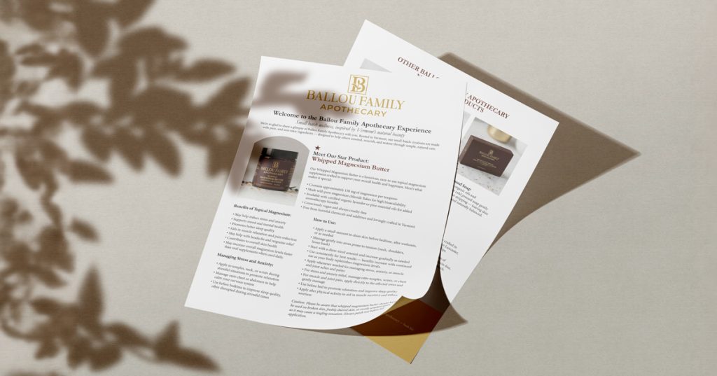 Ballou Family Apothecary product information sheets featuring the Whipped Magnesium Butter, displayed on a neutral background with soft leaf shadows.
