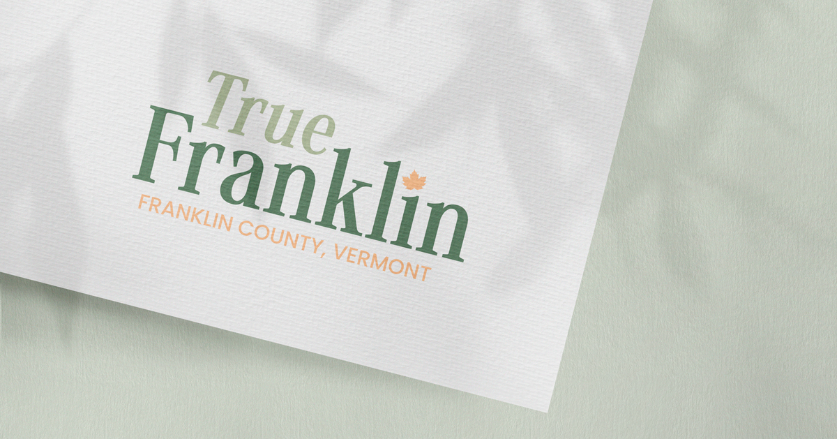 True Franklin Logo on<br />
white linen paper with a green background