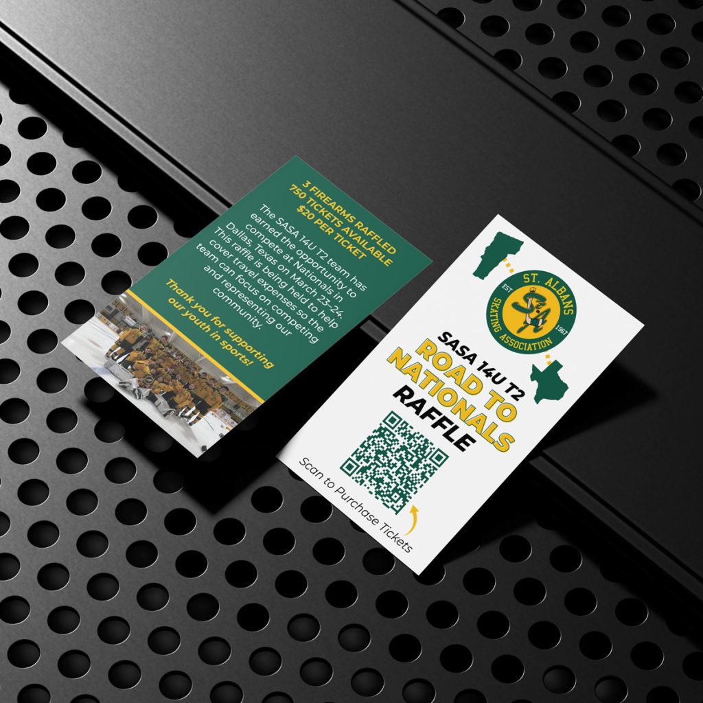 Front and back of a raffle ticket card for the SASA 14U T2 "Road to Nationals Raffle," featuring the St. Albans Skating Association logo, a QR code to purchase tickets, and raffle details on the back.