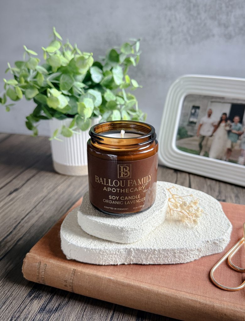 Ballou Family Apothecary Soy Candle with a plant and picture frame in the background