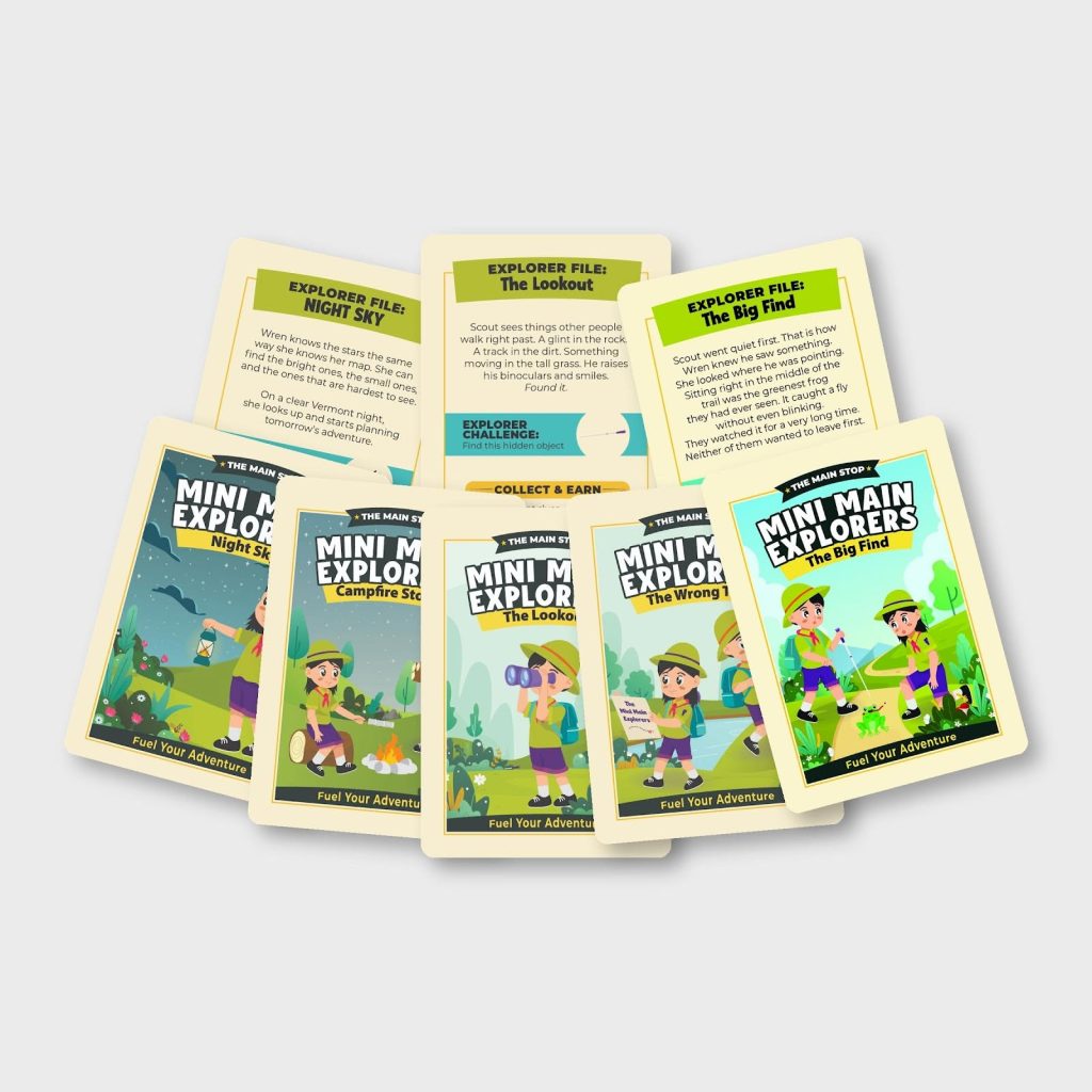 Overhead view of The Main Stop's Mini Main Explorers collectible cards