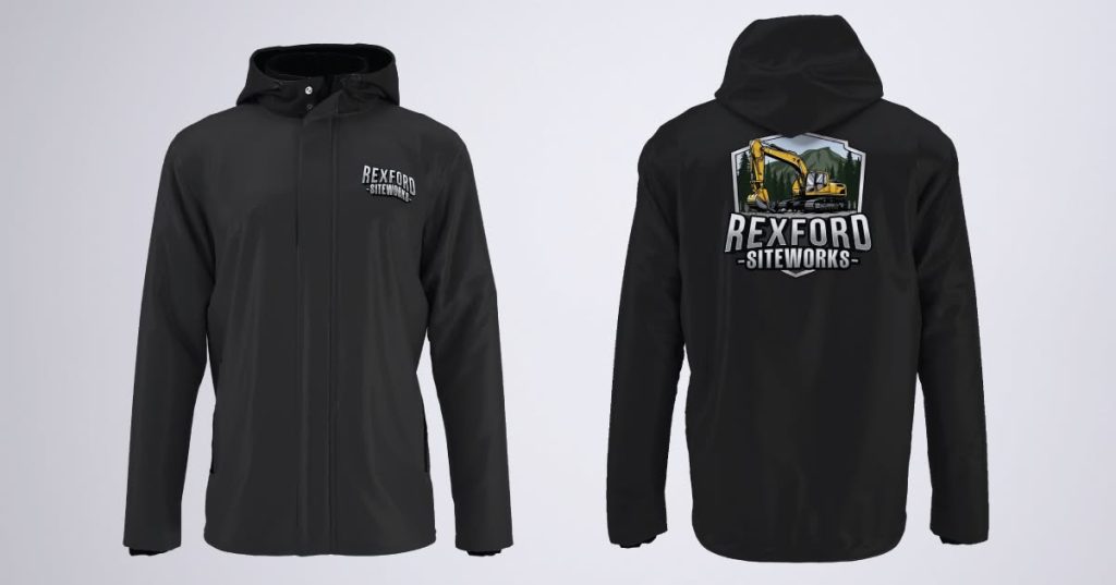 Front and back view of a black zip up with Rexford Siteworks Logo