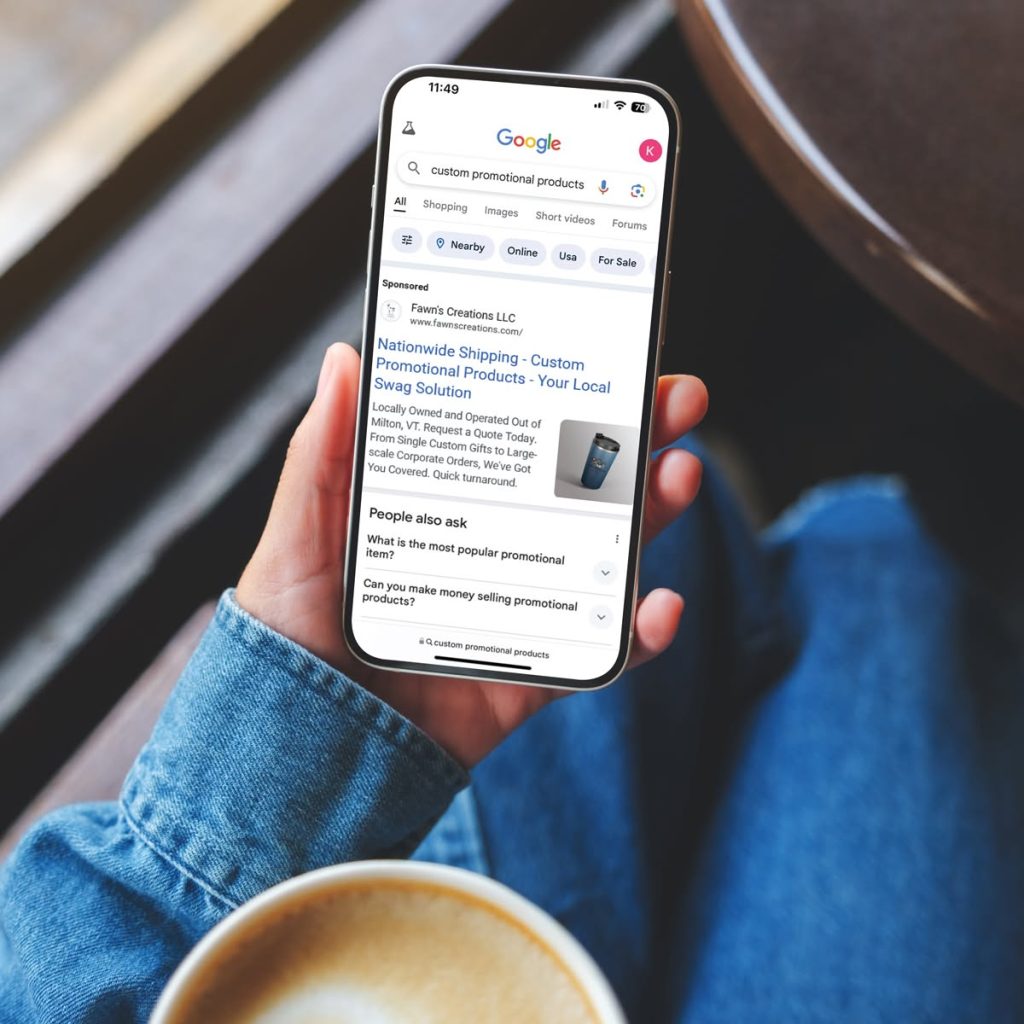 Mobile phone displaying a google search result ad